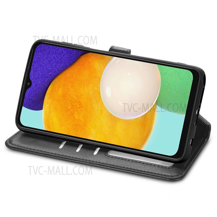 Magnetic Round Buckle PU Leather Wallet Stand Flip Folio Protective Case with Strap for Samsung Galaxy A13 5G - Black-4