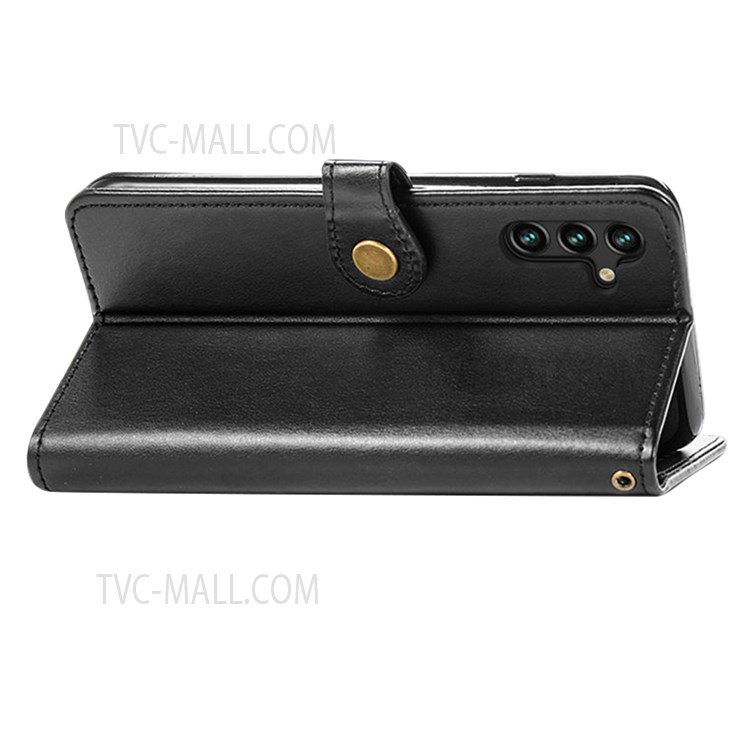 Magnetic Round Buckle PU Leather Wallet Stand Flip Folio Protective Case with Strap for Samsung Galaxy A13 5G - Black-5