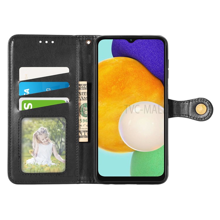 Magnetic Round Buckle PU Leather Wallet Stand Flip Folio Protective Case with Strap for Samsung Galaxy A13 5G - Black-6