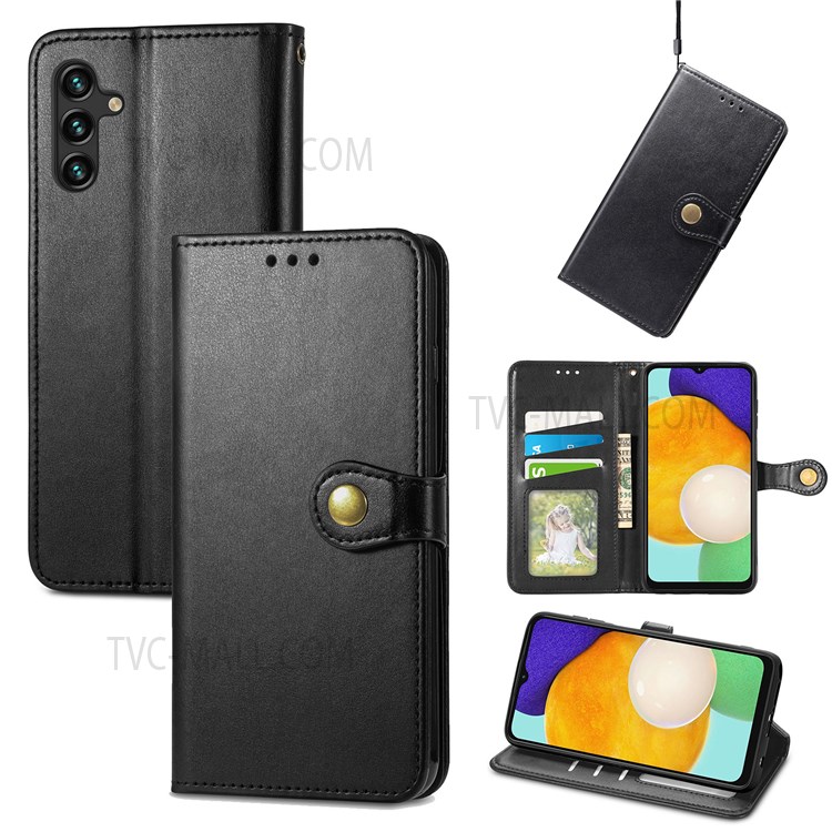 Magnetic Round Buckle PU Leather Wallet Stand Flip Folio Protective Case with Strap for Samsung Galaxy A13 5G - Black-7