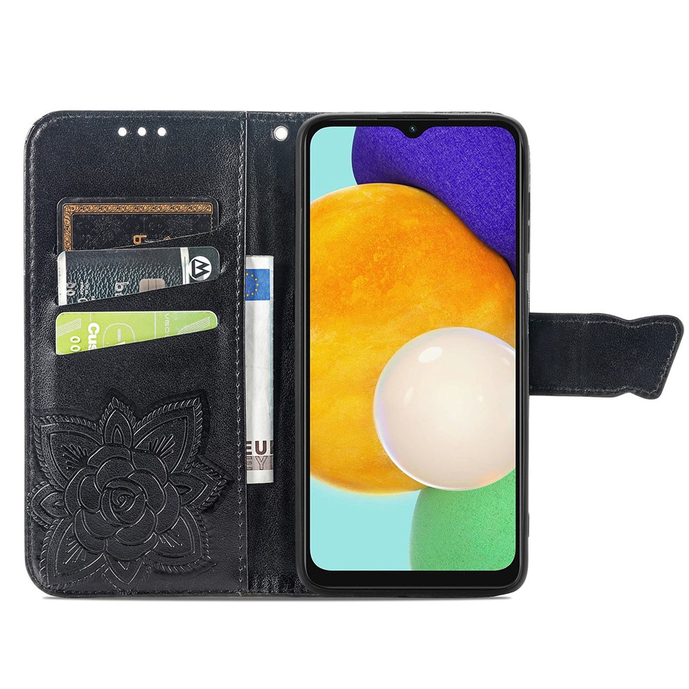 Wallet Design PU Leather Butterfly Flower Pattern Imprinted Stand Flip Cover with Wrist Strap for Samsung Galaxy A13 5G - Black-4