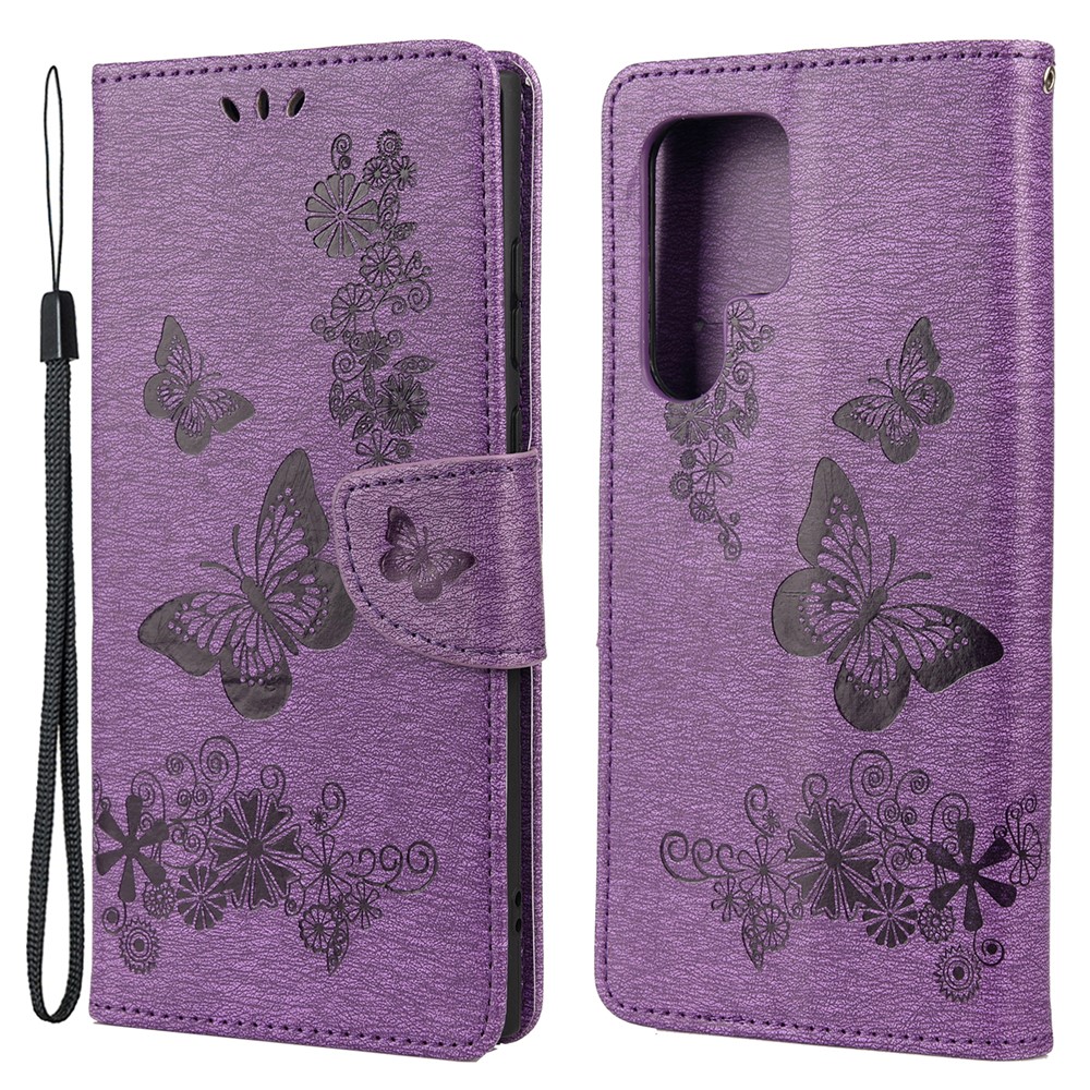 Imprinting Butterfly Flower Folio Flip Stand Wallet Leather Phone Case for Samsung Galaxy S22 Ultra - Purple-1