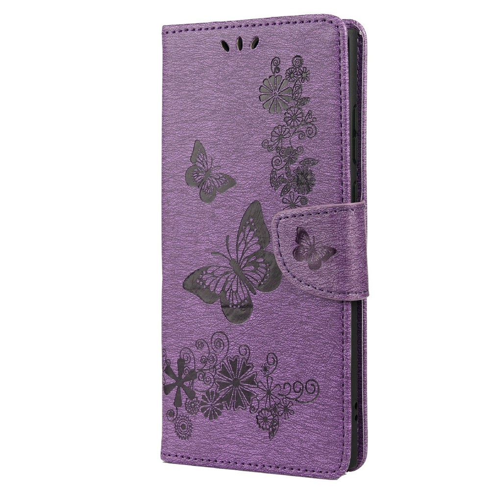 Imprinting Butterfly Flower Folio Flip Stand Wallet Leather Phone Case for Samsung Galaxy S22 Ultra - Purple-2