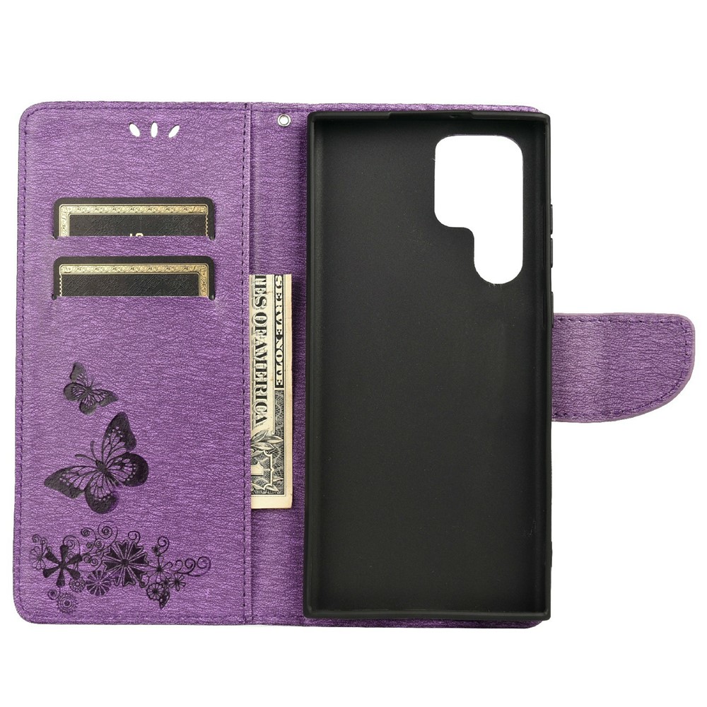 Imprinting Butterfly Flower Folio Flip Stand Wallet Leather Phone Case for Samsung Galaxy S22 Ultra - Purple-4