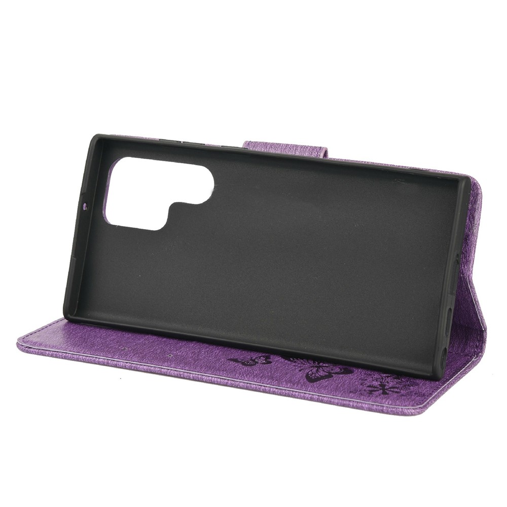 Imprinting Butterfly Flower Folio Flip Stand Wallet Leather Phone Case for Samsung Galaxy S22 Ultra - Purple-5