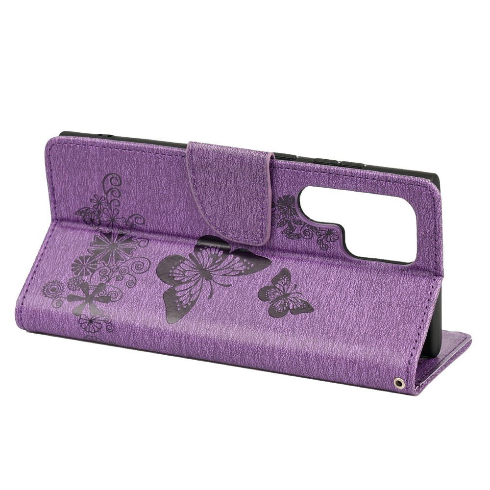 Imprinting Butterfly Flower Folio Flip Stand Wallet Leather Phone Case for Samsung Galaxy S22 Ultra - Purple-6