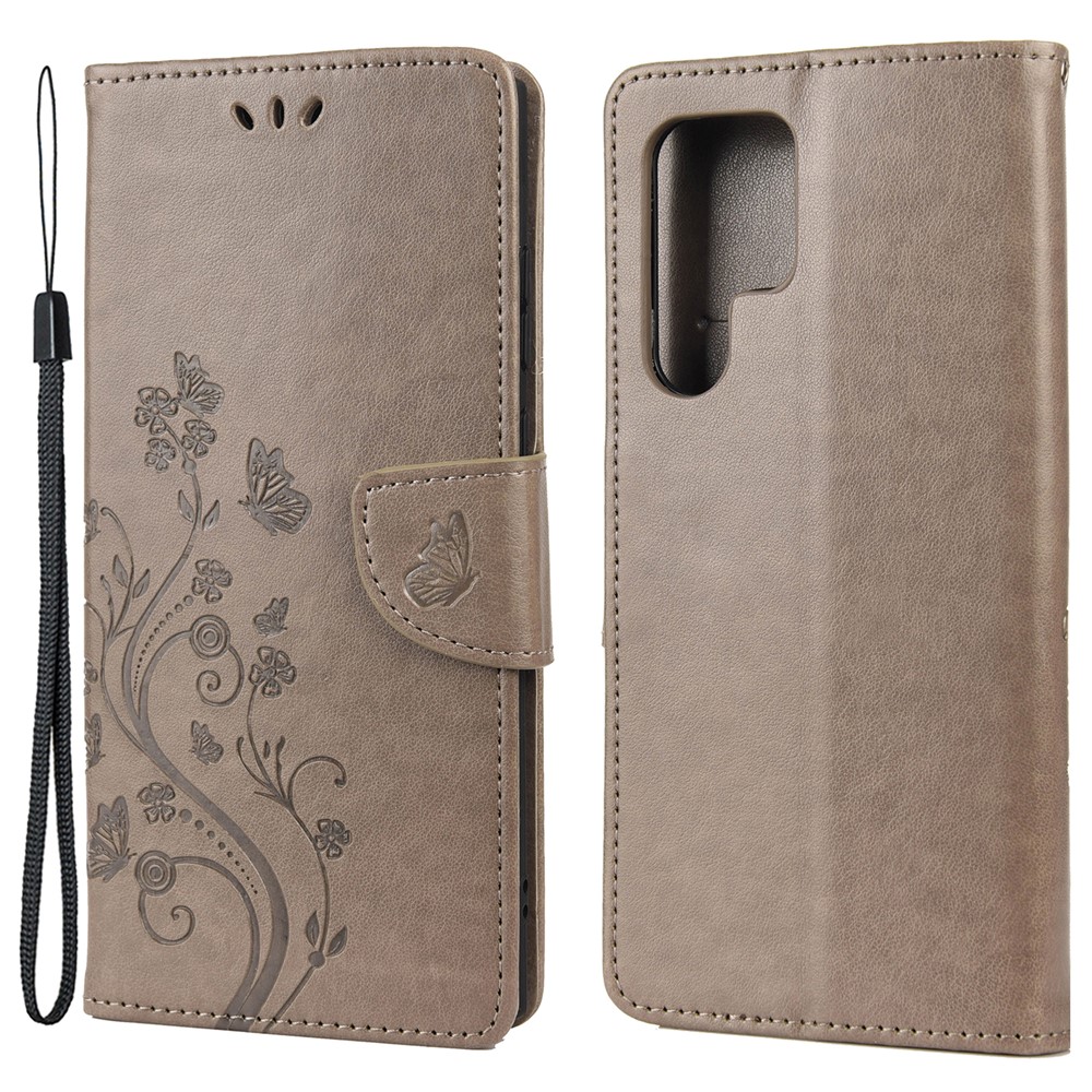 Imprinting Butterflies Flowers Stand Wallet Leather Cover TPU Phone Case for Samsung Galaxy S22 Ultra - Grey-1
