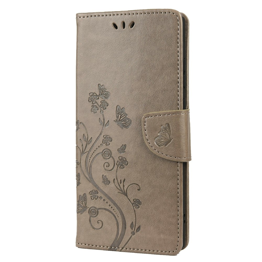 Imprinting Butterflies Flowers Stand Wallet Leather Cover TPU Phone Case for Samsung Galaxy S22 Ultra - Grey-2
