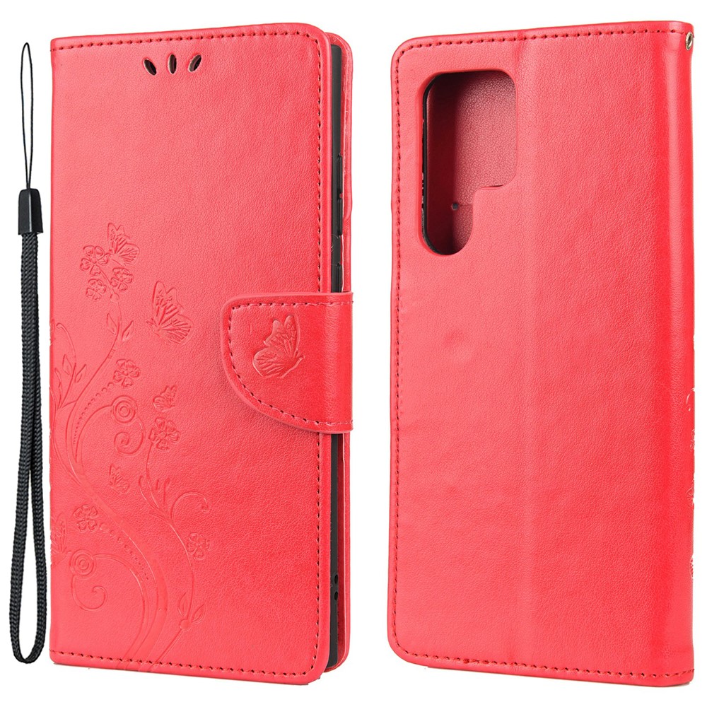 Imprinting Butterflies Flowers Stand Wallet Leather Cover TPU Phone Case for Samsung Galaxy S22 Ultra - Red-1