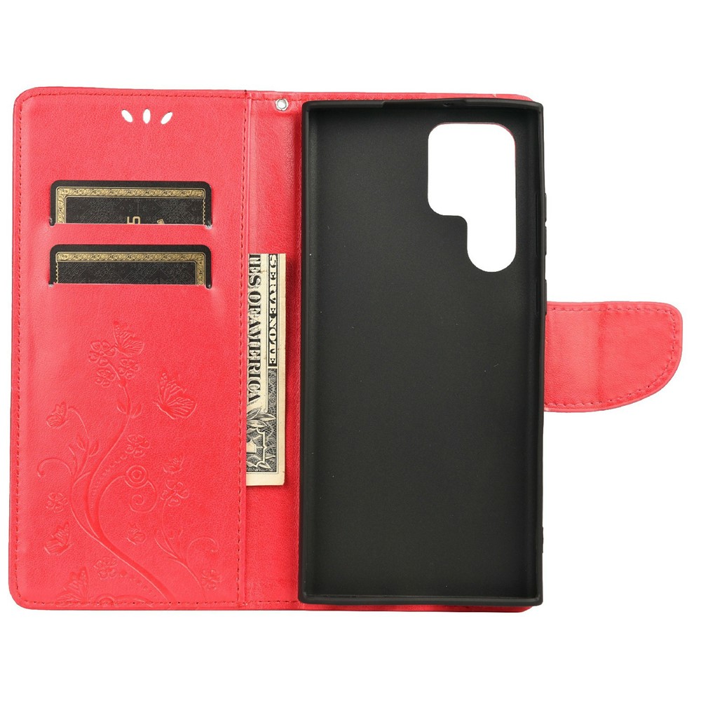 Imprinting Butterflies Flowers Stand Wallet Leather Cover TPU Phone Case for Samsung Galaxy S22 Ultra - Red-4