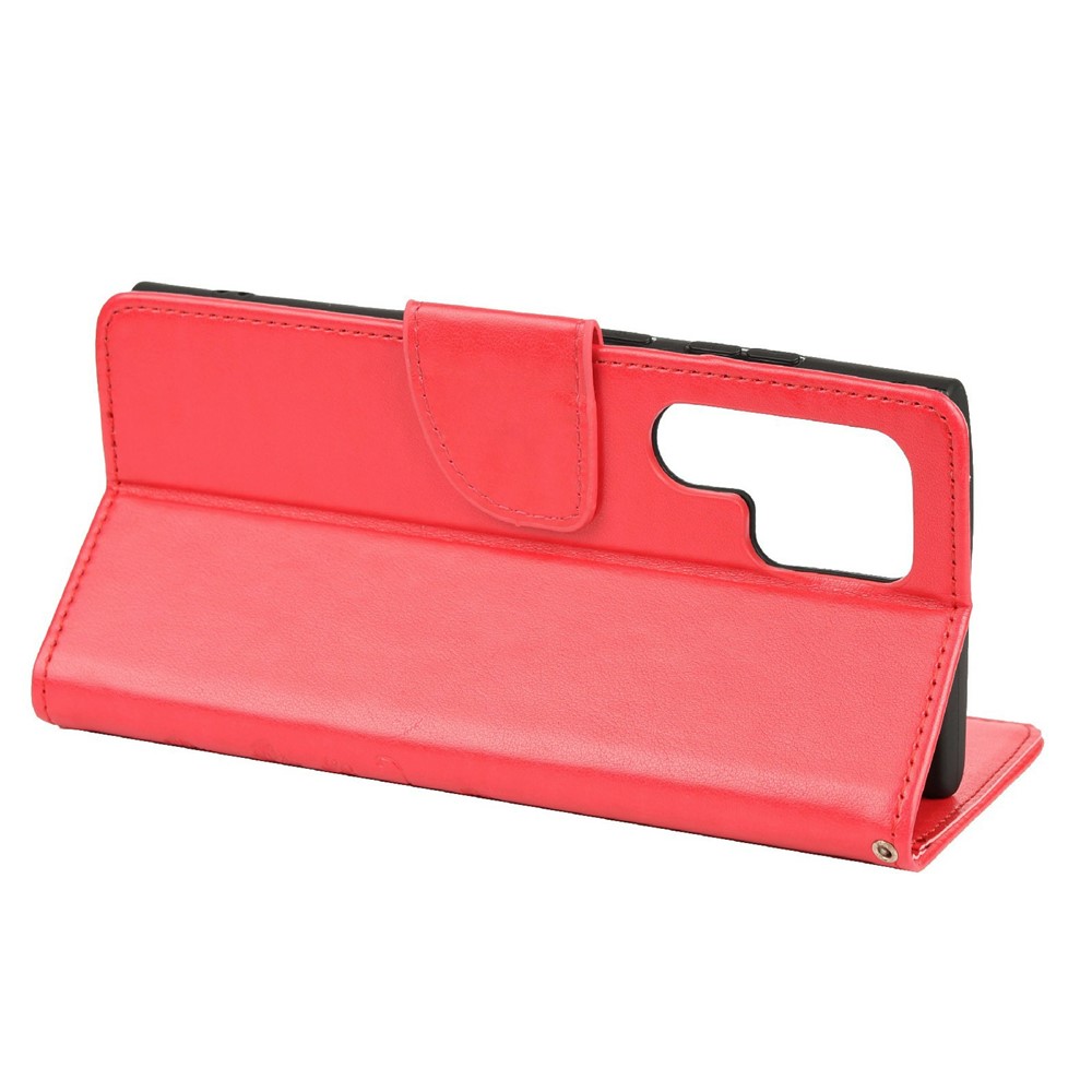 Imprinting Butterflies Flowers Stand Wallet Leather Cover TPU Phone Case for Samsung Galaxy S22 Ultra - Red-6