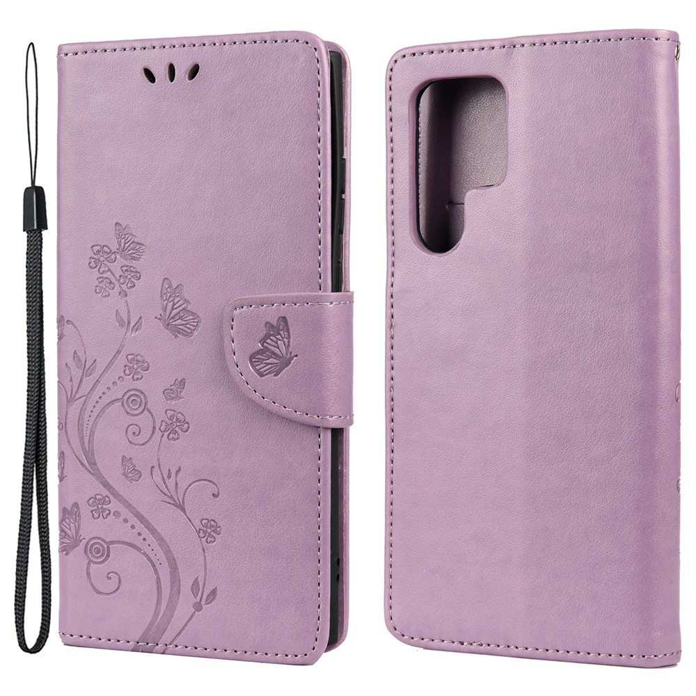 Imprinting Butterflies Flowers Stand Wallet Leather Cover TPU Phone Case for Samsung Galaxy S22 Ultra - Light Purple-1