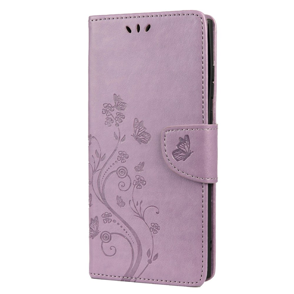 Imprinting Butterflies Flowers Stand Wallet Leather Cover TPU Phone Case for Samsung Galaxy S22 Ultra - Light Purple-2