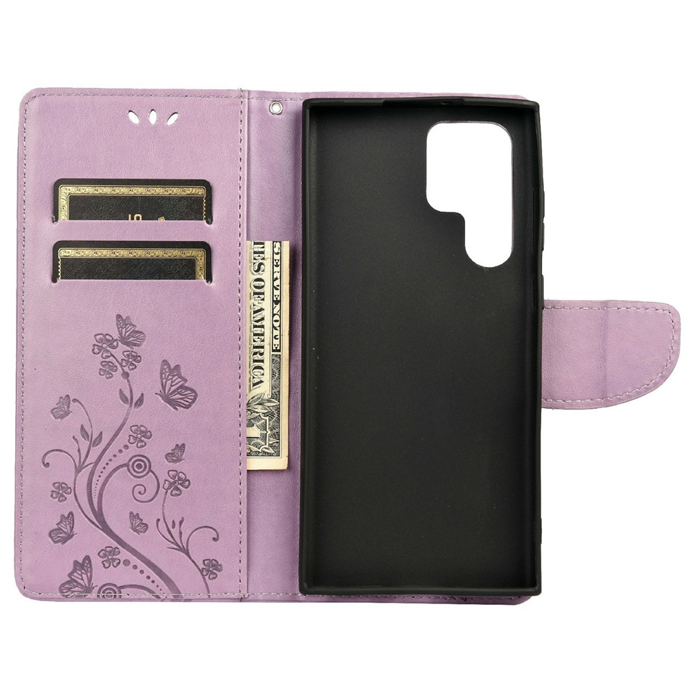 Imprinting Butterflies Flowers Stand Wallet Leather Cover TPU Phone Case for Samsung Galaxy S22 Ultra - Light Purple-4
