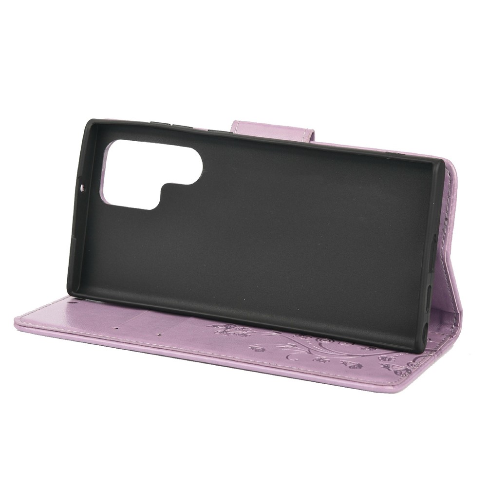 Imprinting Butterflies Flowers Stand Wallet Leather Cover TPU Phone Case for Samsung Galaxy S22 Ultra - Light Purple-5