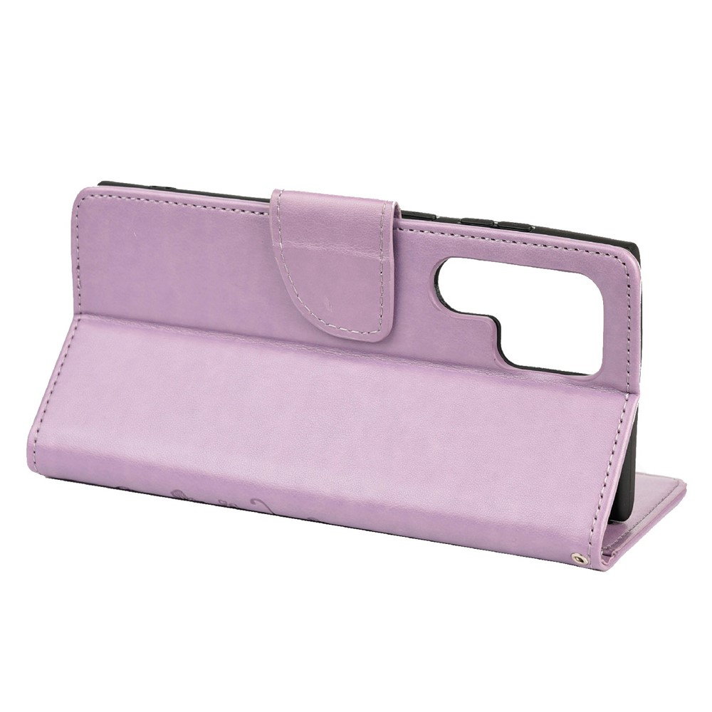 Imprinting Butterflies Flowers Stand Wallet Leather Cover TPU Phone Case for Samsung Galaxy S22 Ultra - Light Purple-6