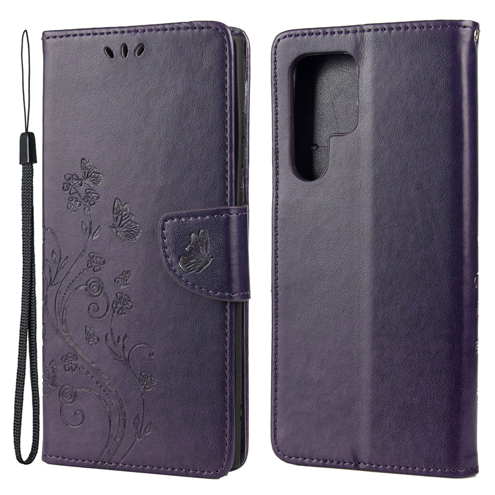 Imprinting Butterflies Flowers Stand Wallet Leather Cover TPU Phone Case for Samsung Galaxy S22 Ultra - Purple-1
