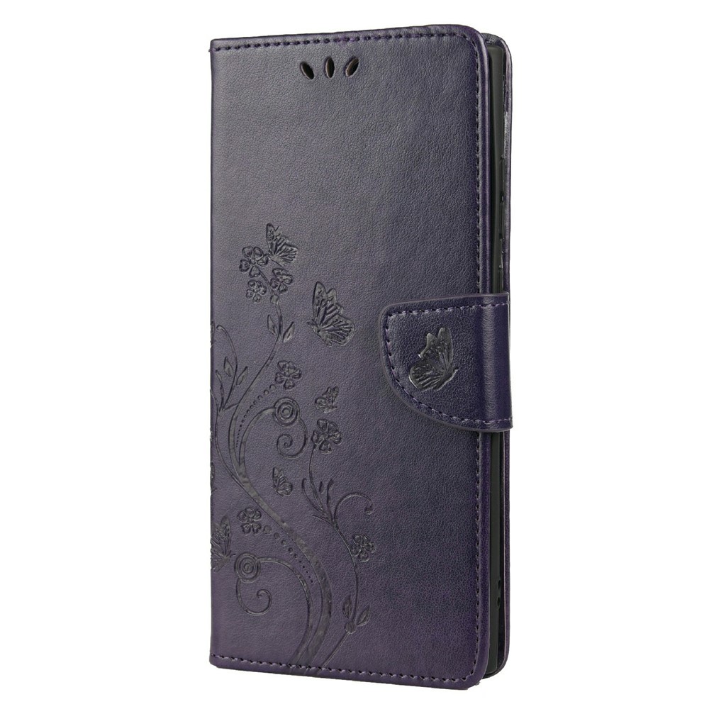 Imprinting Butterflies Flowers Stand Wallet Leather Cover TPU Phone Case for Samsung Galaxy S22 Ultra - Purple-2