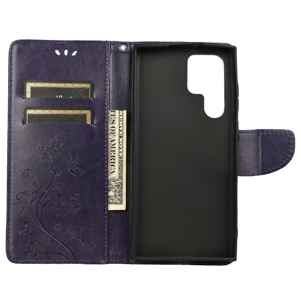 Imprinting Butterflies Flowers Stand Wallet Leather Cover TPU Phone Case for Samsung Galaxy S22 Ultra - Purple-4