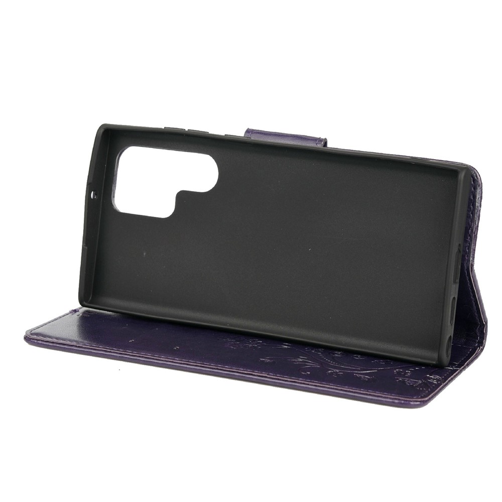 Imprinting Butterflies Flowers Stand Wallet Leather Cover TPU Phone Case for Samsung Galaxy S22 Ultra - Purple-5