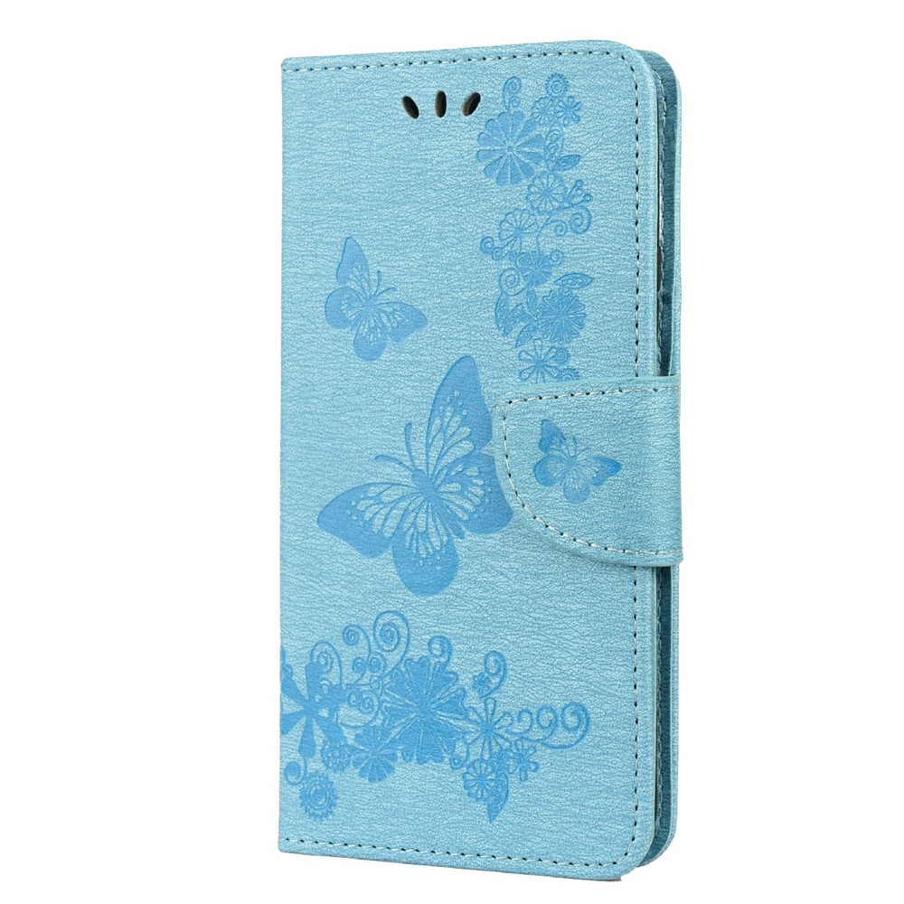 Wallet Stand Leather Cover Case with Imprinting Butterfly Flower for Samsung Galaxy S22 Plus - Blue-2