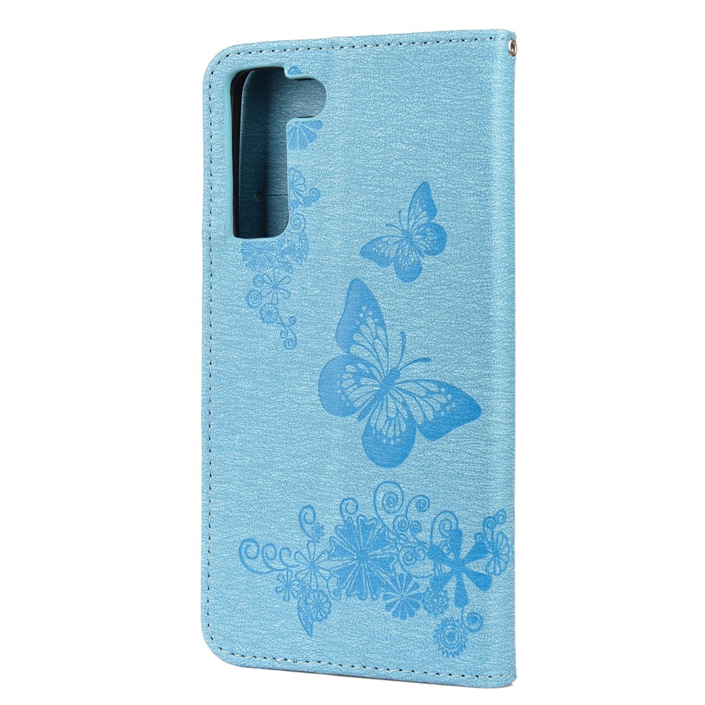 Wallet Stand Leather Cover Case with Imprinting Butterfly Flower for Samsung Galaxy S22 Plus - Blue-3