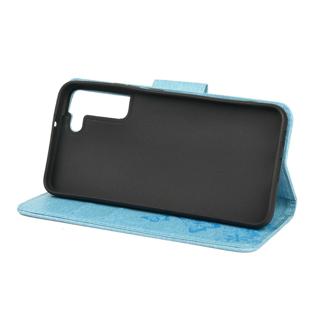 Wallet Stand Leather Cover Case with Imprinting Butterfly Flower for Samsung Galaxy S22 Plus - Blue-5