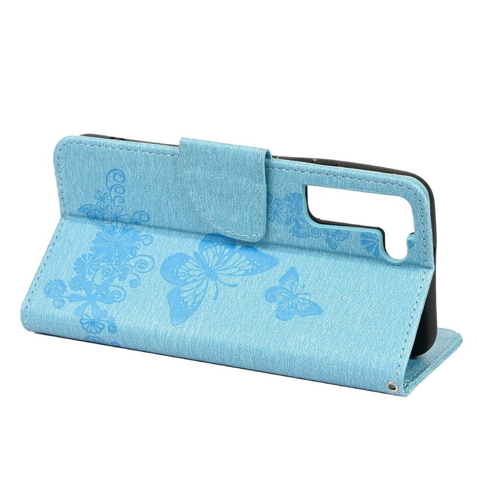 Wallet Stand Leather Cover Case with Imprinting Butterfly Flower for Samsung Galaxy S22 Plus - Blue-6