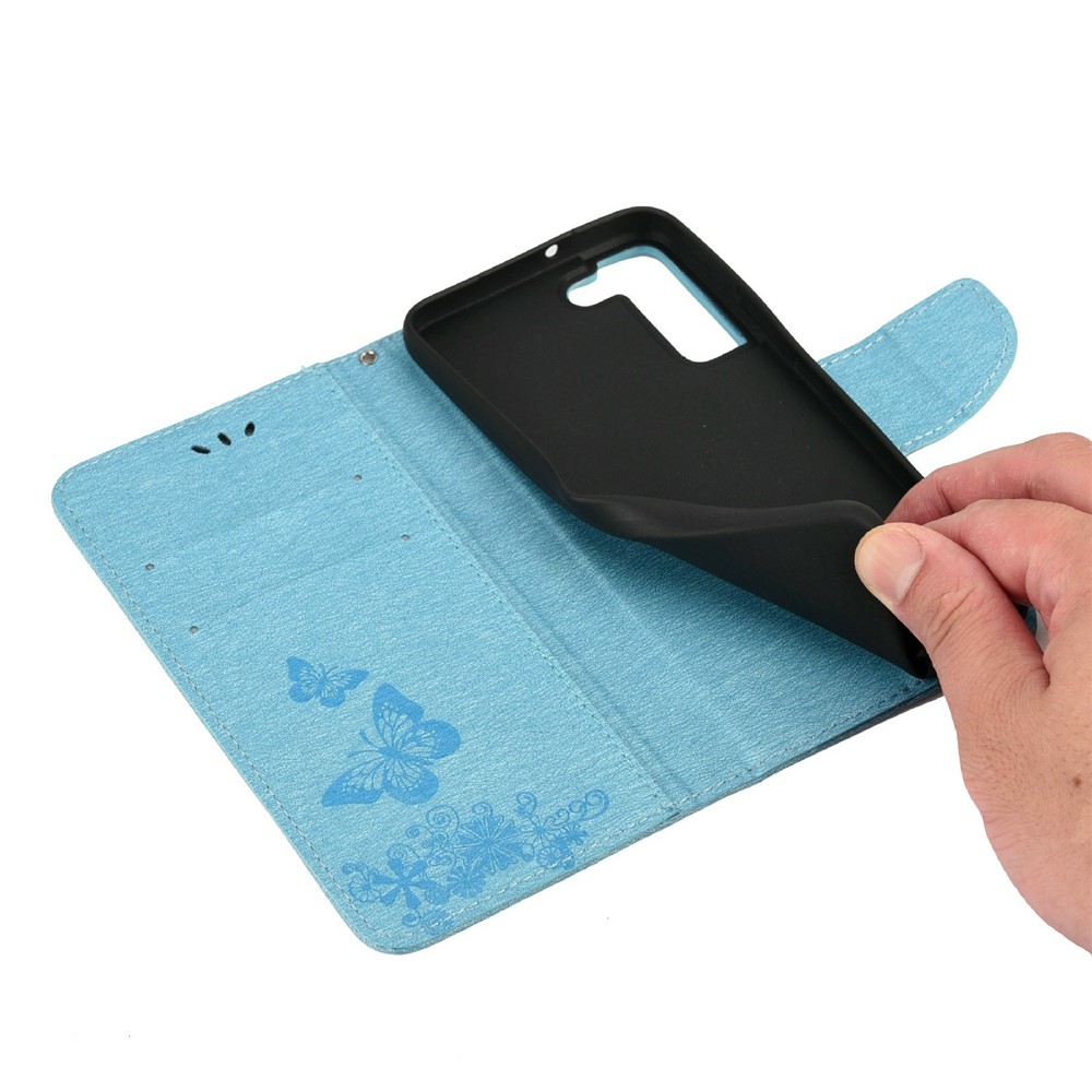 Wallet Stand Leather Cover Case with Imprinting Butterfly Flower for Samsung Galaxy S22 Plus - Blue-7