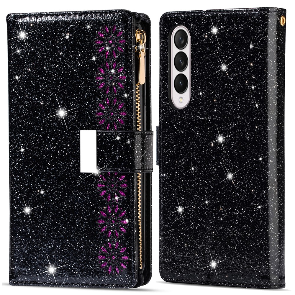 Glittery Starry Style Laser Carving Magnetic Closure Zipper Wallet Stand Protective Leather Phone Case for Samsung Galaxy Z Fold3 5G - Black-1
