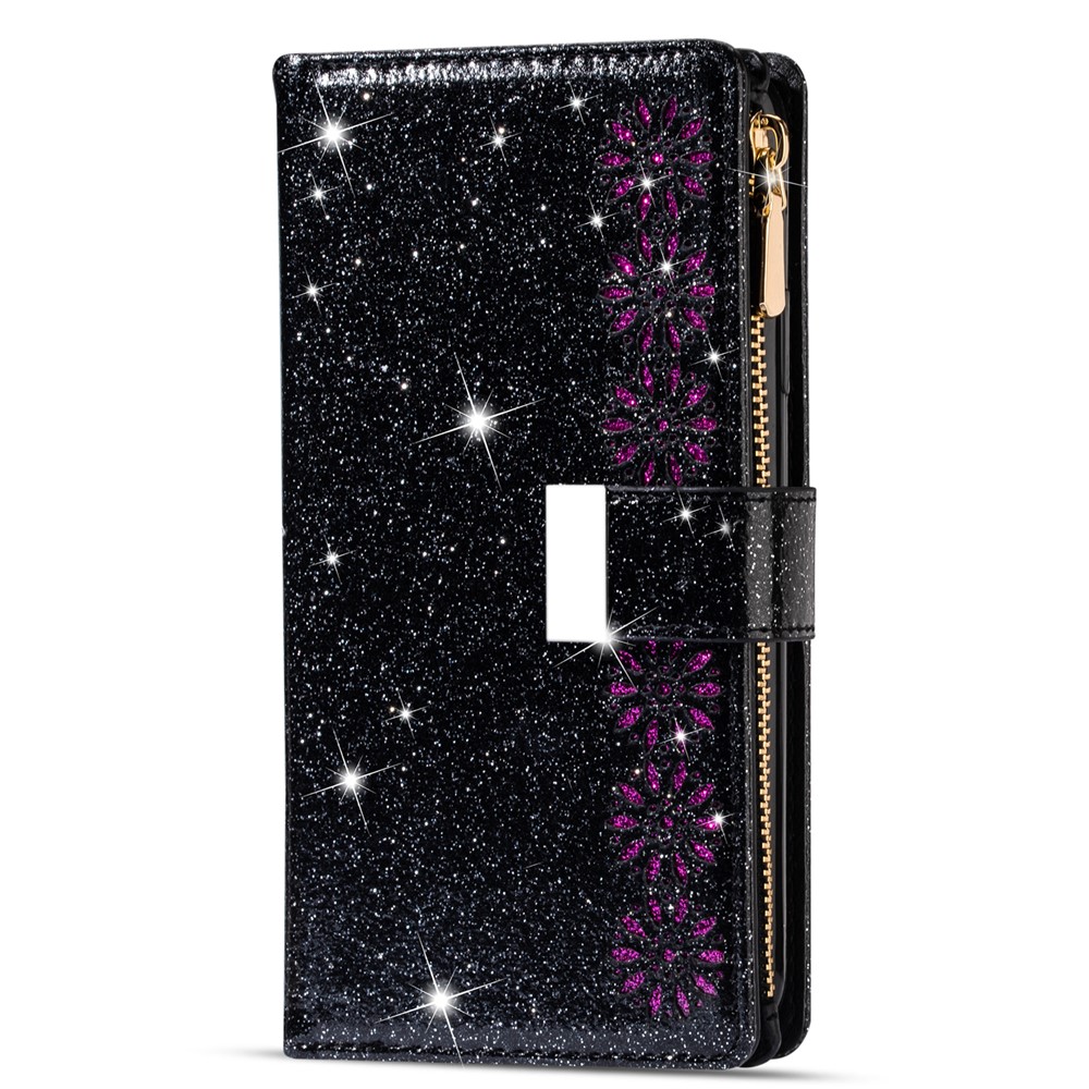 Glittery Starry Style Laser Carving Magnetic Closure Zipper Wallet Stand Protective Leather Phone Case for Samsung Galaxy Z Fold3 5G - Black-2