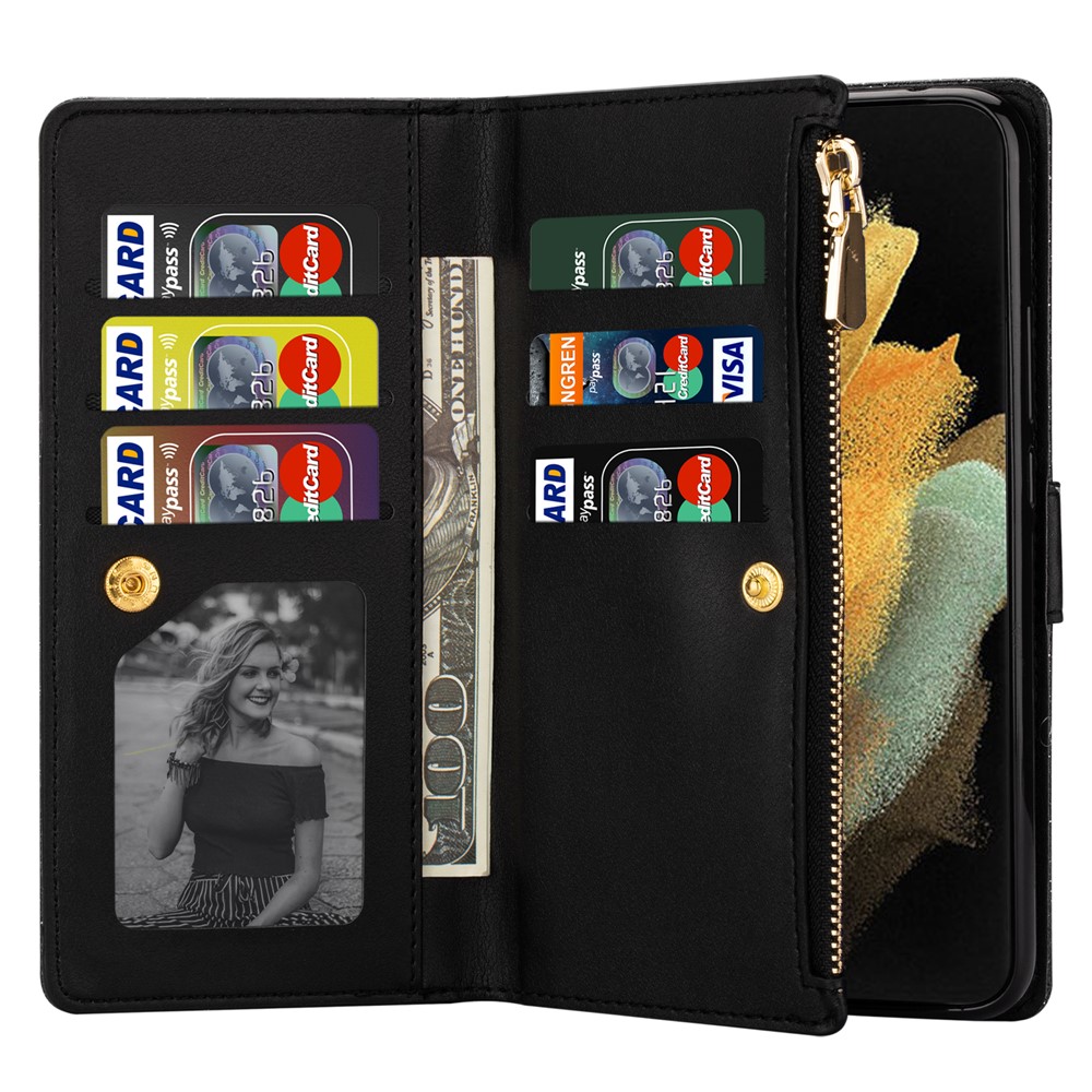Glittery Starry Style Laser Carving Magnetic Closure Zipper Wallet Stand Protective Leather Phone Case for Samsung Galaxy Z Fold3 5G - Black-4