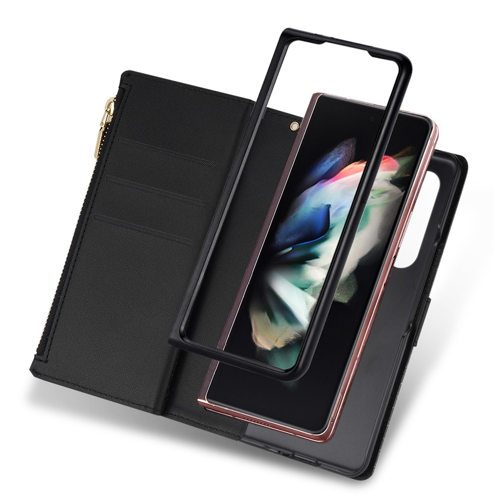 Glittery Starry Style Laser Carving Magnetic Closure Zipper Wallet Stand Protective Leather Phone Case for Samsung Galaxy Z Fold3 5G - Black-6