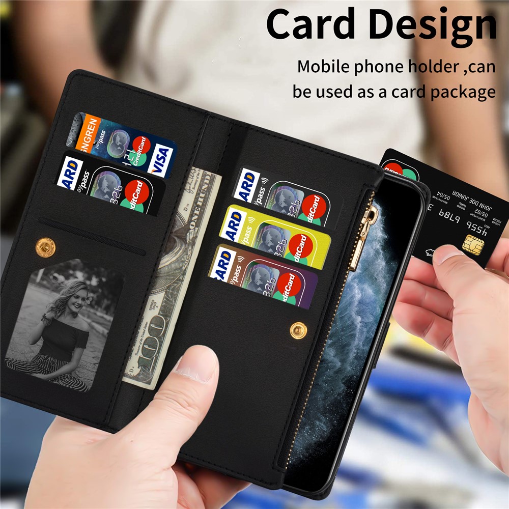 Glittery Starry Style Laser Carving Magnetic Closure Zipper Wallet Stand Protective Leather Phone Case for Samsung Galaxy Z Fold3 5G - Black-7