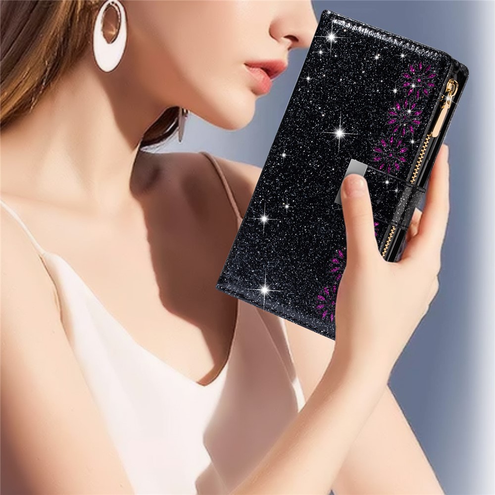 Glittery Starry Style Laser Carving Magnetic Closure Zipper Wallet Stand Protective Leather Phone Case for Samsung Galaxy Z Fold3 5G - Black-8