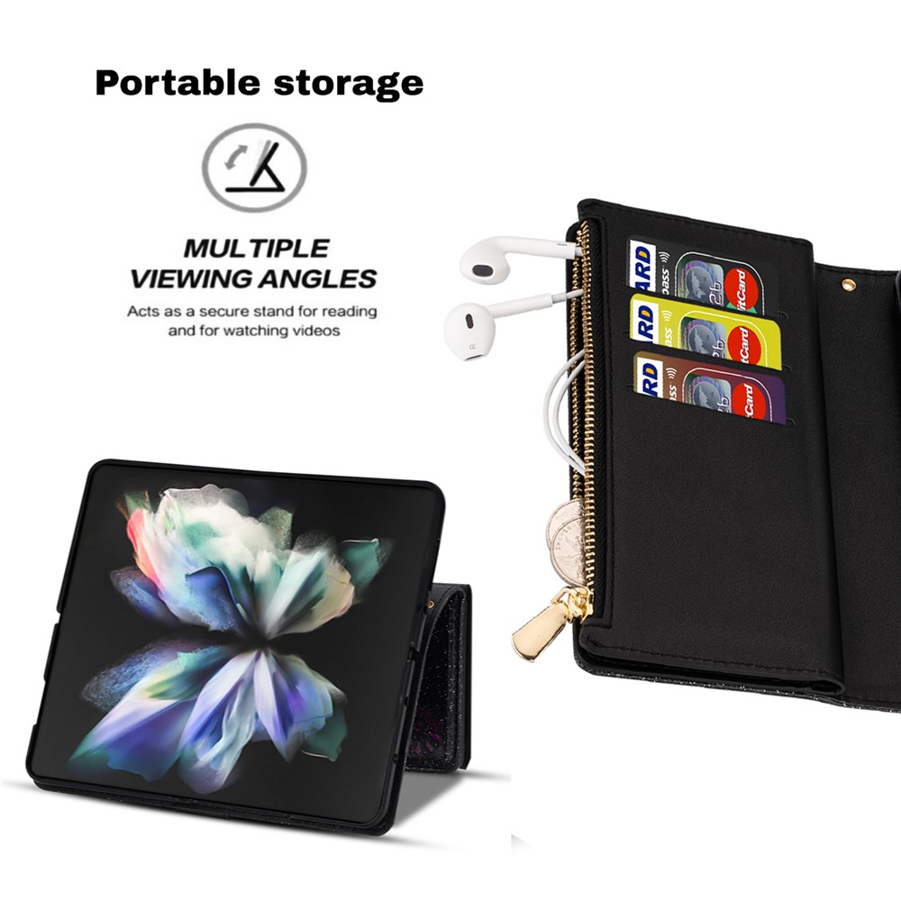Glittery Starry Style Laser Carving Magnetic Closure Zipper Wallet Stand Protective Leather Phone Case for Samsung Galaxy Z Fold3 5G - Black-9