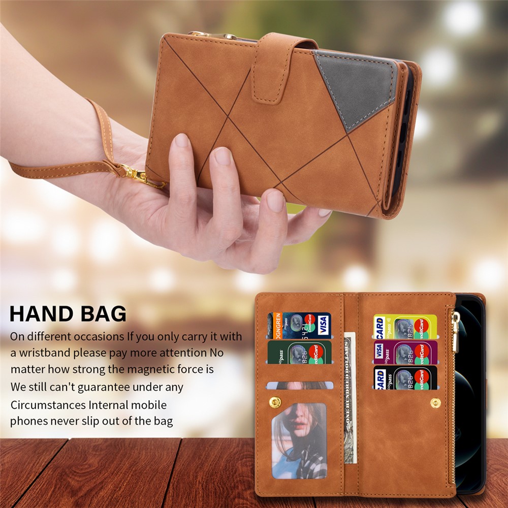 Color Splicing Lines Design Magnetic Closure Wallet Stand Leather Phone Cover Shell with Zipper Pocket for Samsung Galaxy Z Fold3 5G - Brown-10