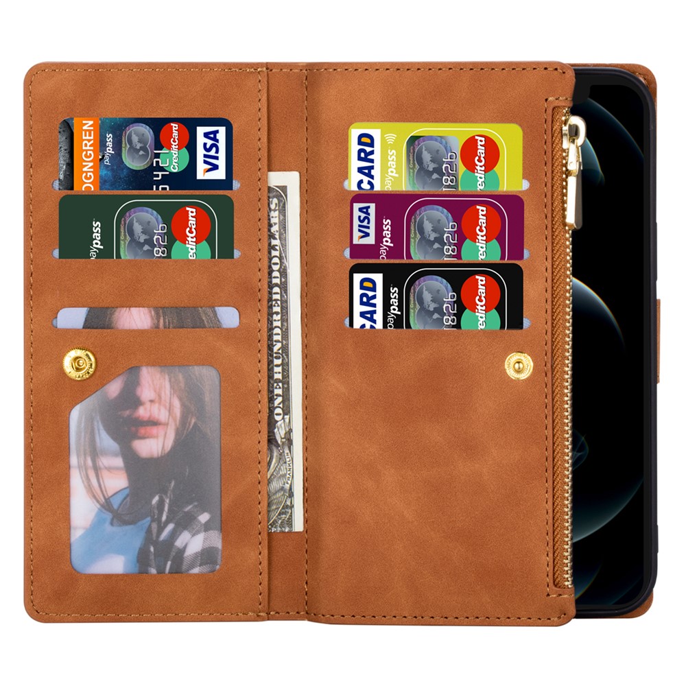 Color Splicing Lines Design Magnetic Closure Wallet Stand Leather Phone Cover Shell with Zipper Pocket for Samsung Galaxy Z Fold3 5G - Brown-4