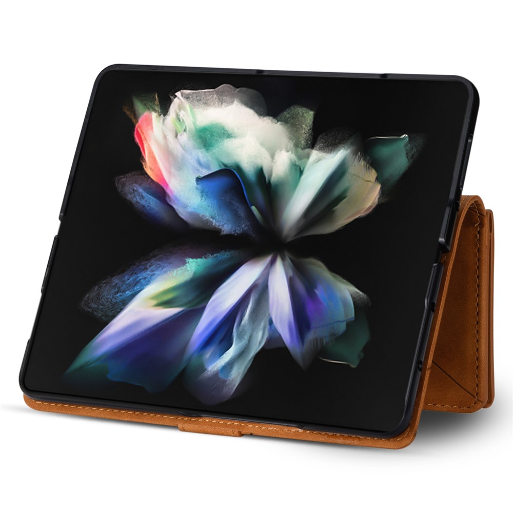 Color Splicing Lines Design Magnetic Closure Wallet Stand Leather Phone Cover Shell with Zipper Pocket for Samsung Galaxy Z Fold3 5G - Brown-6