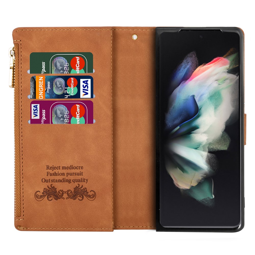 Color Splicing Lines Design Magnetic Closure Wallet Stand Leather Phone Cover Shell with Zipper Pocket for Samsung Galaxy Z Fold3 5G - Brown-7