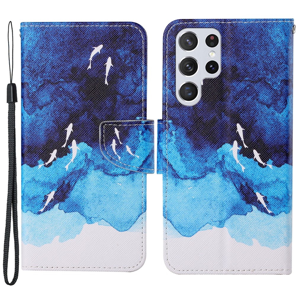 Full Body Protection Cross Texture Pattern Printing PU Leather Phone Case Shell with Stand Wallet for Samsung Galaxy S22 Ultra - Watercolor Fish-1