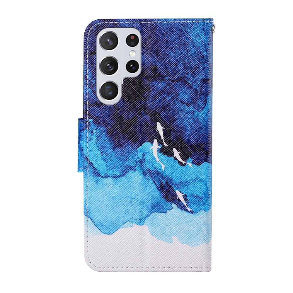 Full Body Protection Cross Texture Pattern Printing PU Leather Phone Case Shell with Stand Wallet for Samsung Galaxy S22 Ultra - Watercolor Fish-3