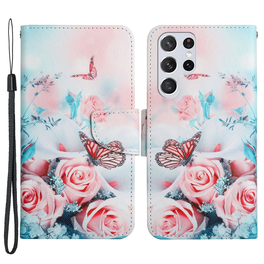 Pattern Printing Cross Texture Leather Case Stand Wallet Drop-resistant Phone Cover Shell for Samsung Galaxy S22 Ultra - Peony and Butterfly-1
