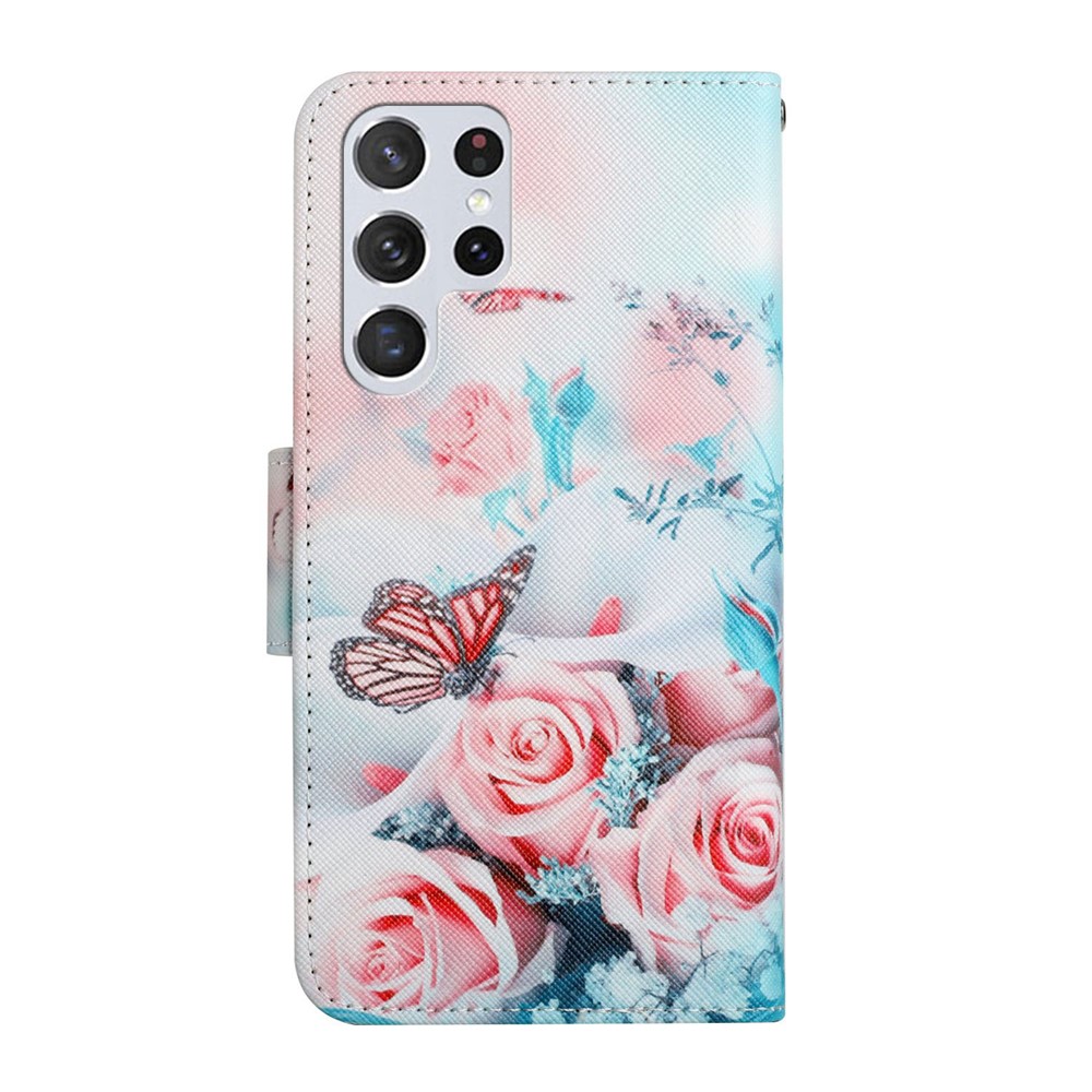 Pattern Printing Cross Texture Leather Case Stand Wallet Drop-resistant Phone Cover Shell for Samsung Galaxy S22 Ultra - Peony and Butterfly-3