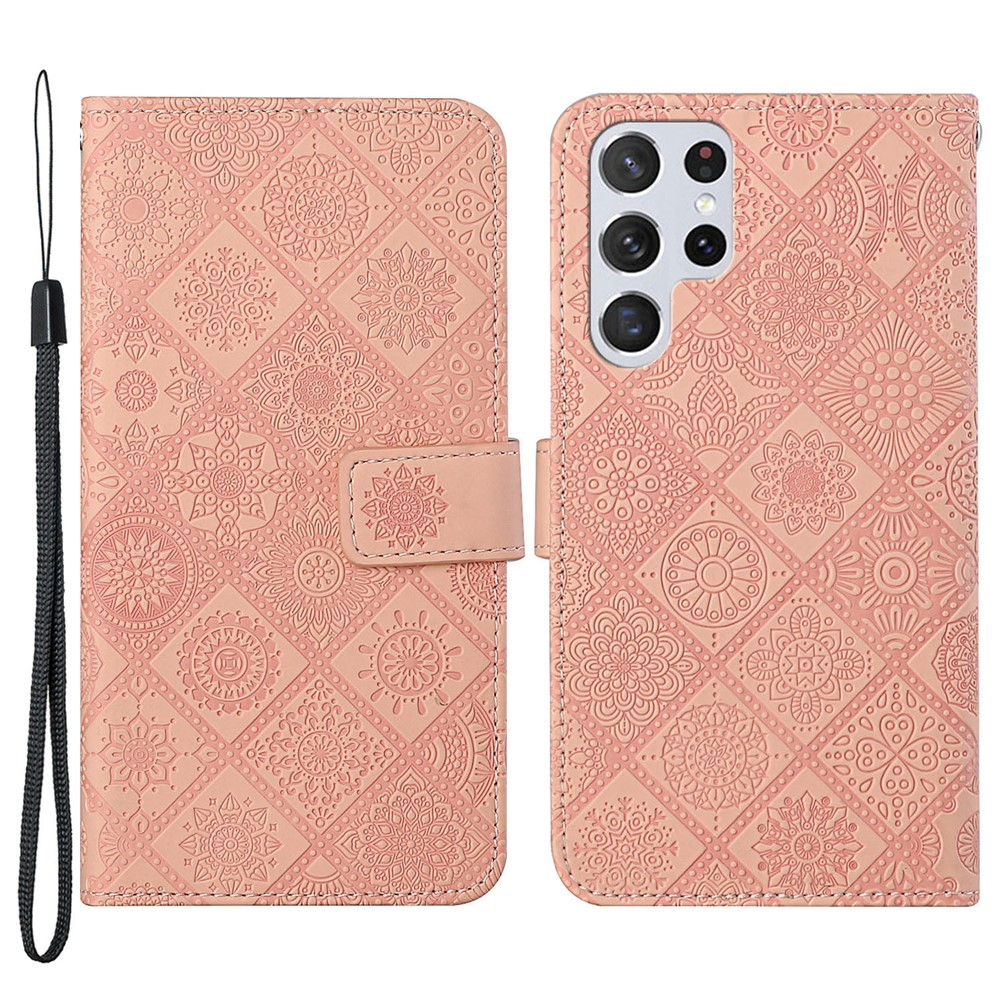 Ethnic Style Flower Imprinted Shockproof Folio Flip Leather Phone Cover Stand Wallet Protective Case for Samsung Galaxy S22 Ultra - Pink-1