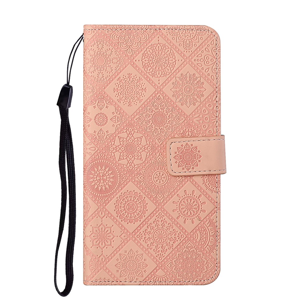 Ethnic Style Flower Imprinted Shockproof Folio Flip Leather Phone Cover Stand Wallet Protective Case for Samsung Galaxy S22 Ultra - Pink-2