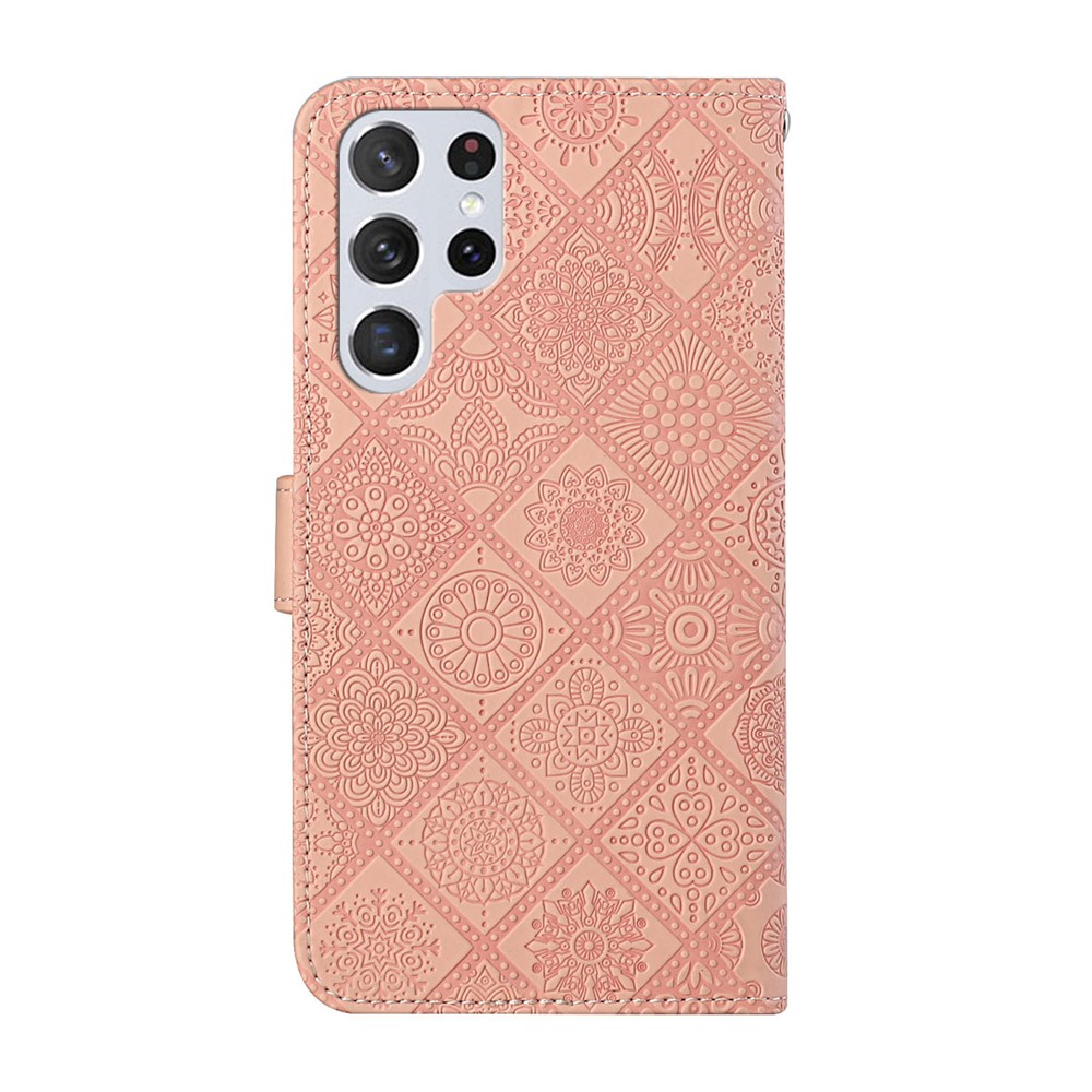 Ethnic Style Flower Imprinted Shockproof Folio Flip Leather Phone Cover Stand Wallet Protective Case for Samsung Galaxy S22 Ultra - Pink-3