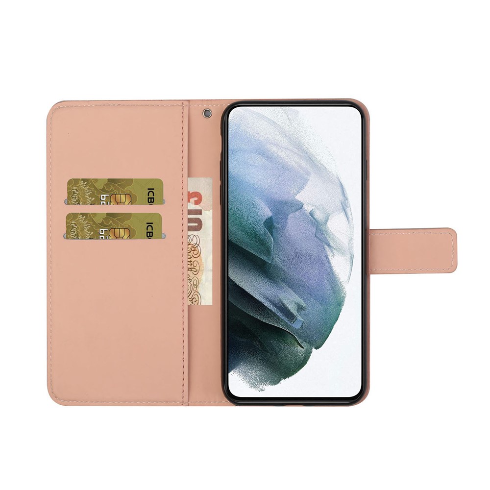 Ethnic Style Flower Imprinted Shockproof Folio Flip Leather Phone Cover Stand Wallet Protective Case for Samsung Galaxy S22 Ultra - Pink-5