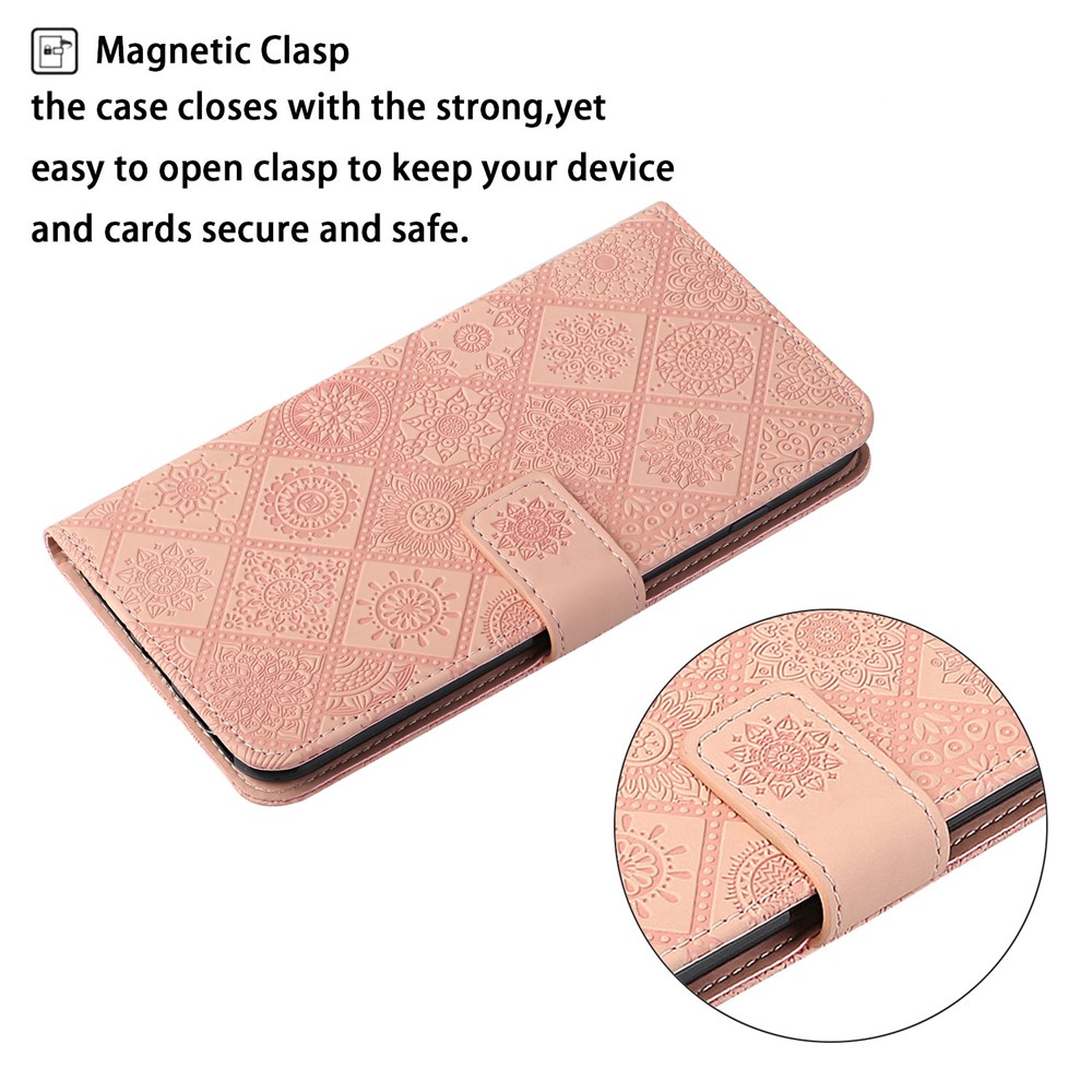 Ethnic Style Flower Imprinted Shockproof Folio Flip Leather Phone Cover Stand Wallet Protective Case for Samsung Galaxy S22 Ultra - Pink-6