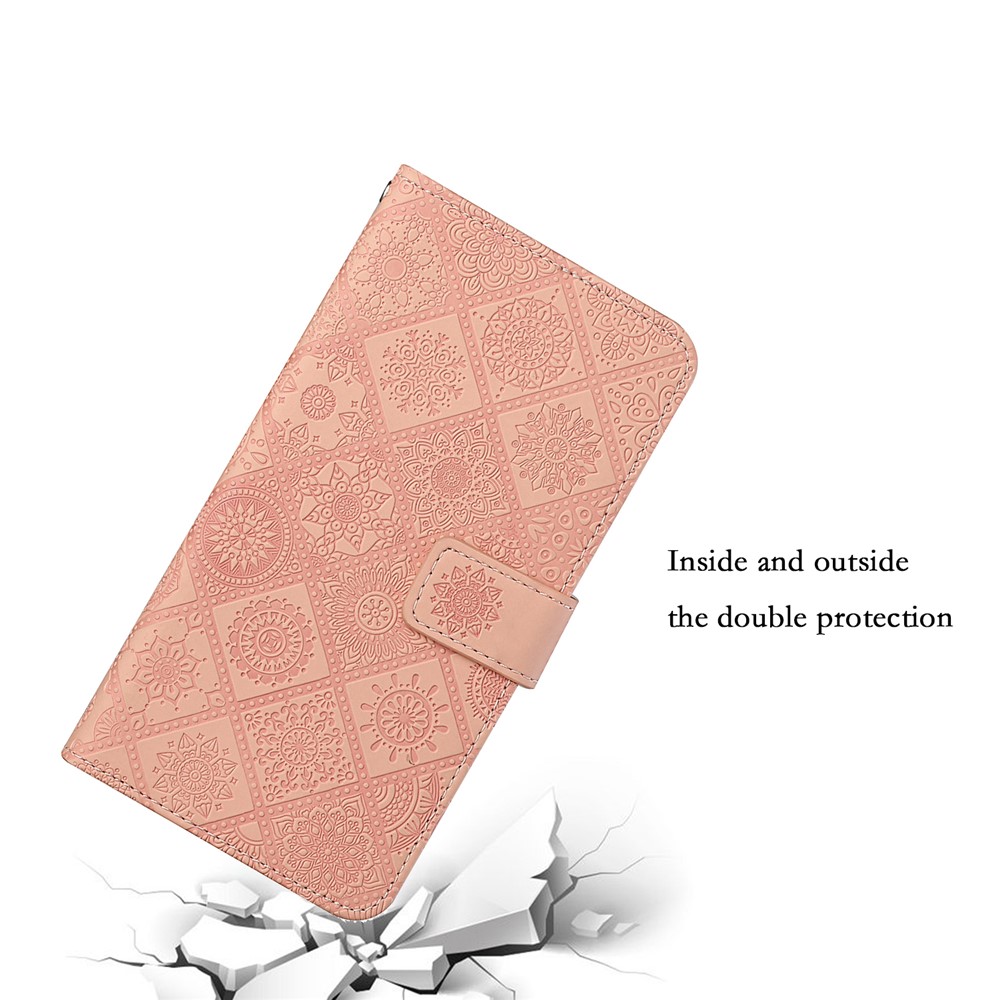 Ethnic Style Flower Imprinted Shockproof Folio Flip Leather Phone Cover Stand Wallet Protective Case for Samsung Galaxy S22 Ultra - Pink-7